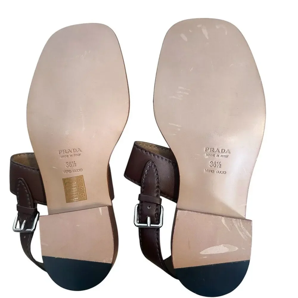 Prada Vintage Brown Leather Block Heel Open Toe Sandals 36.5